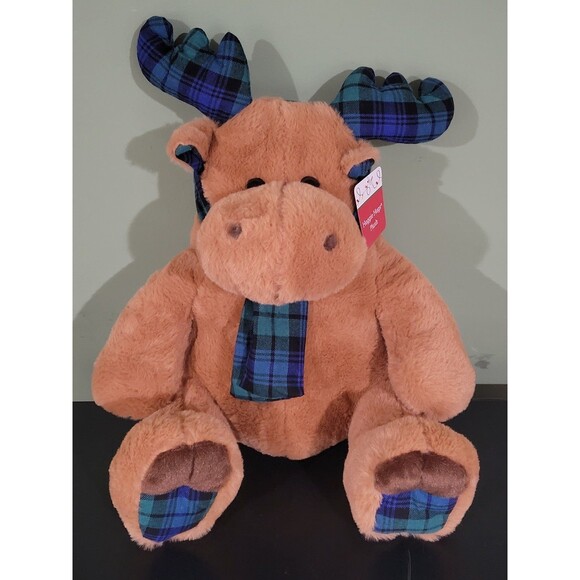 Holiday time 16" moose with plaid designed scarf, antlers, and feet soft toy - Picture 1 of 6